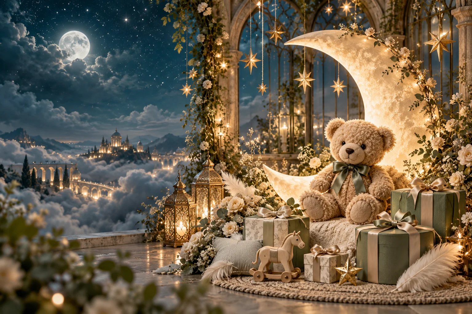 An heirloom teddy bear beside a glowing crescent moon, golden stars and sage gift boxes above soft clouds