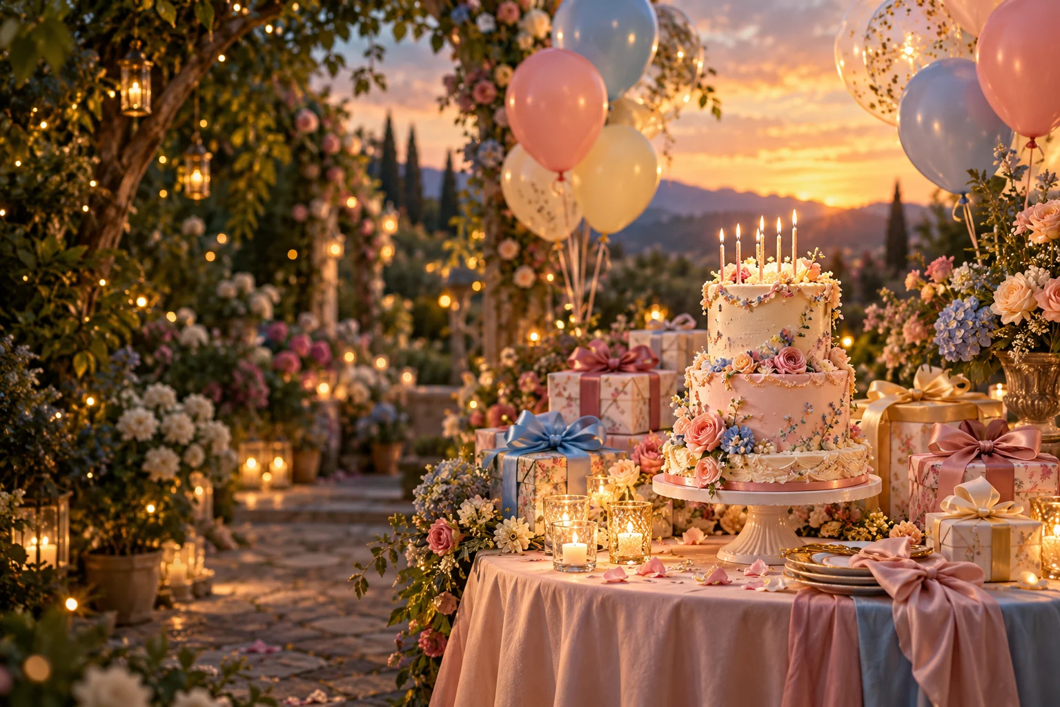A candlelit birthday cake, ribbon-wrapped presents and pastel balloons in an enchanted garden at sunset