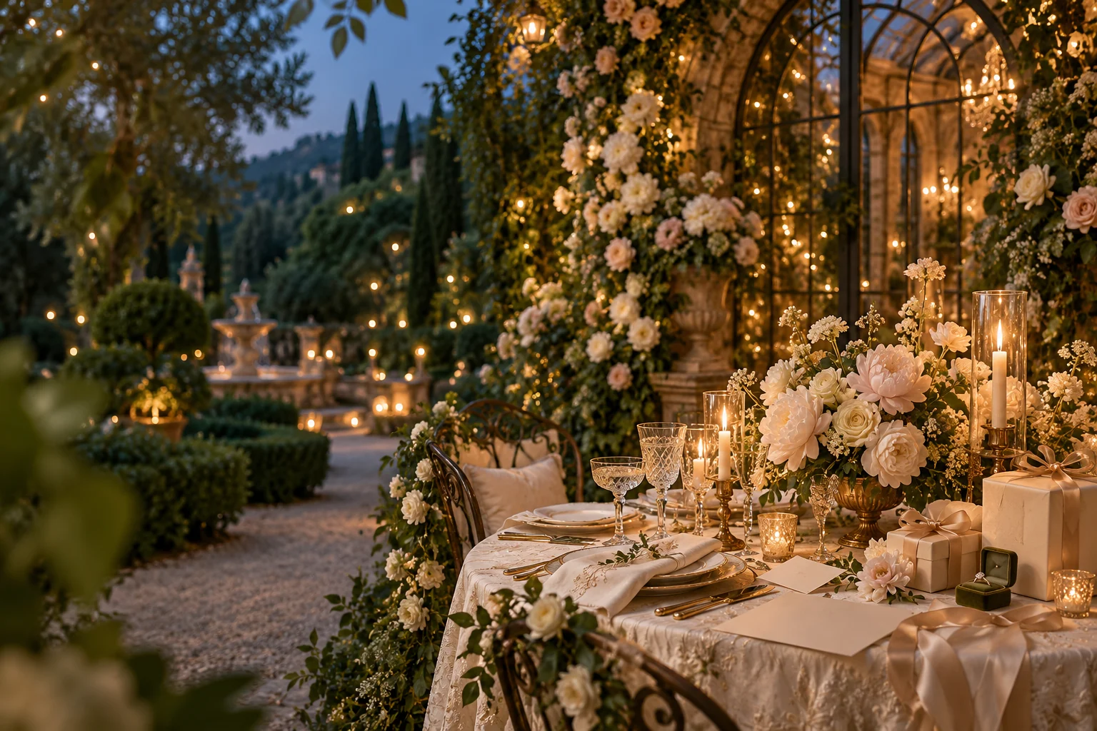 An intimate wedding table with ivory roses, crystal glasses, candlelight and silk-wrapped gifts in a romantic garden