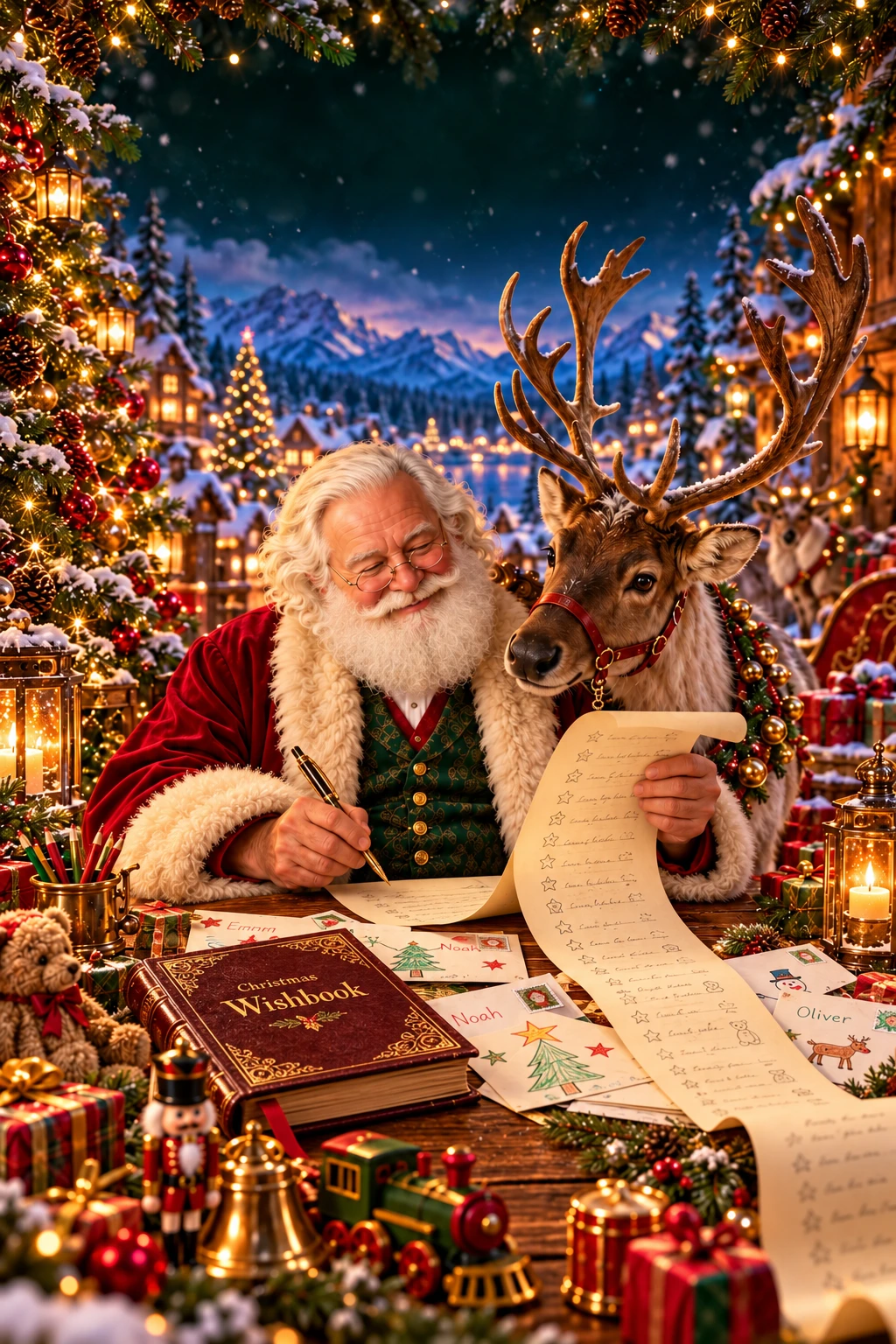 Santa reads Christmas wishes beside his leather-bound Wishbook