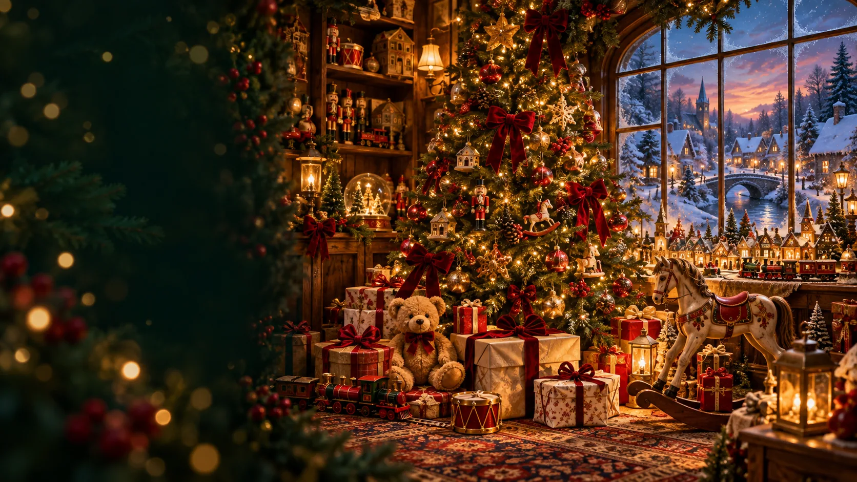 A Christmas tree glowing beside a snowy toyshop window