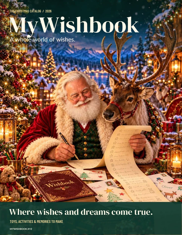 The full 122-page Christmas Wishbook with Santa reviewing wishes at his desk