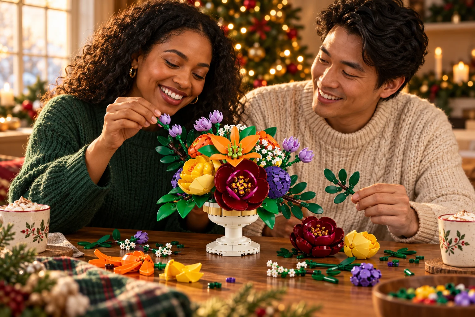 AI-created scene of a couple building a LEGO Botanicals Flower Arrangement together at Christmas.