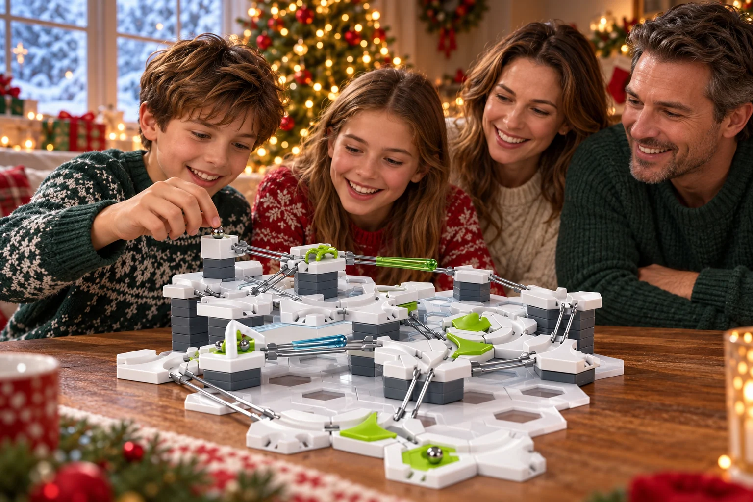 AI-created scene of a family building and testing a GraviTrax marble run at a festive table.
