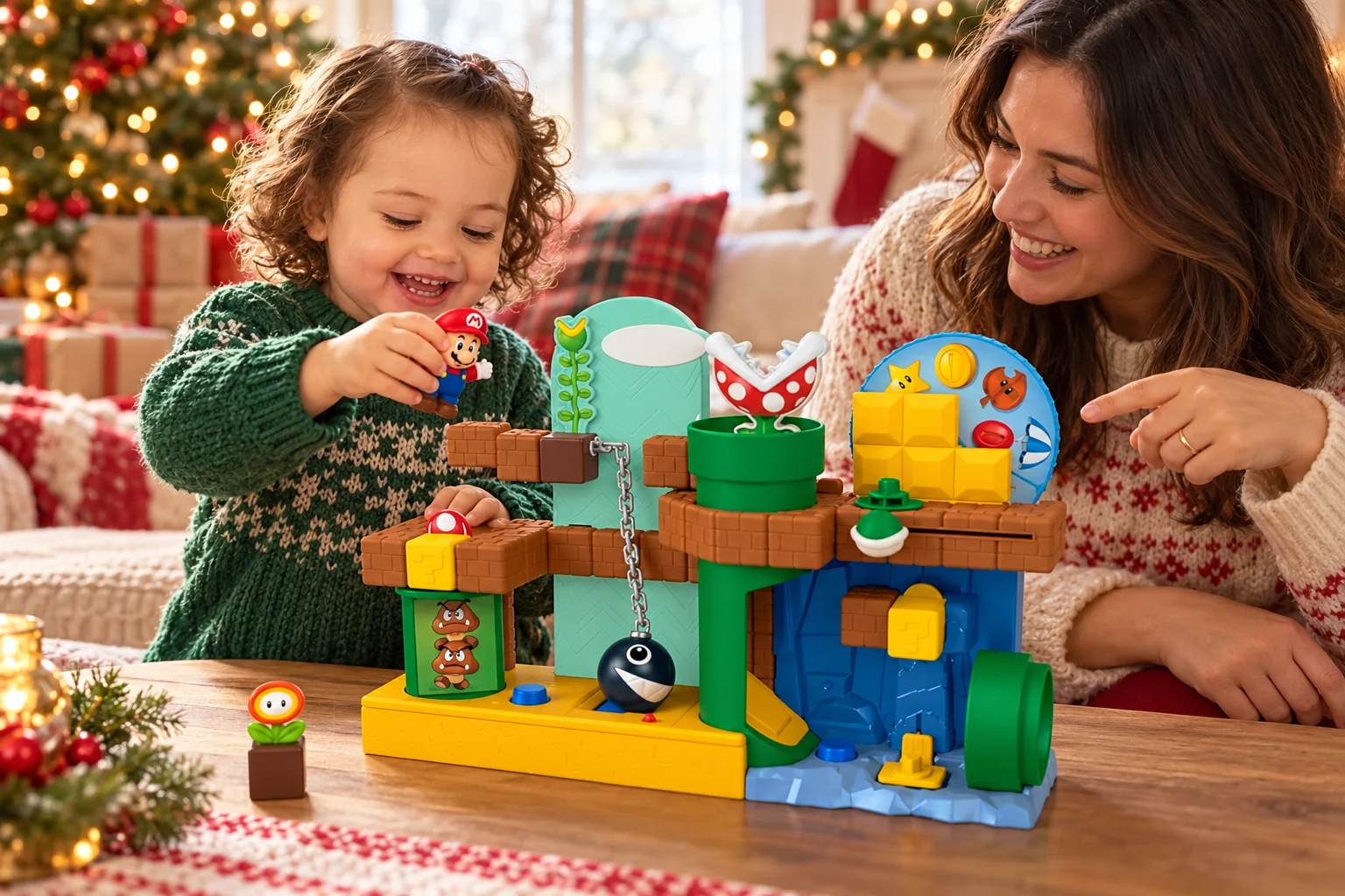 AI-created scene of a toddler and parent playing with the Fisher-Price Little People Mario playset beside a Christmas tree.