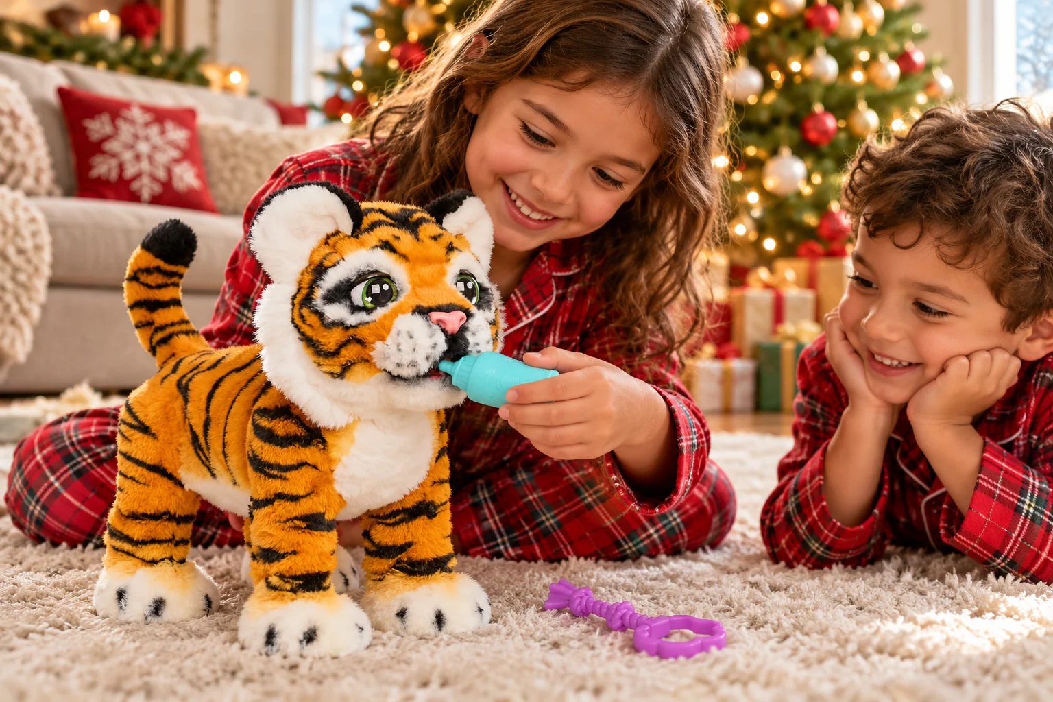AI-created scene of children in Christmas pajamas feeding the furReal Gabby tiger toy.