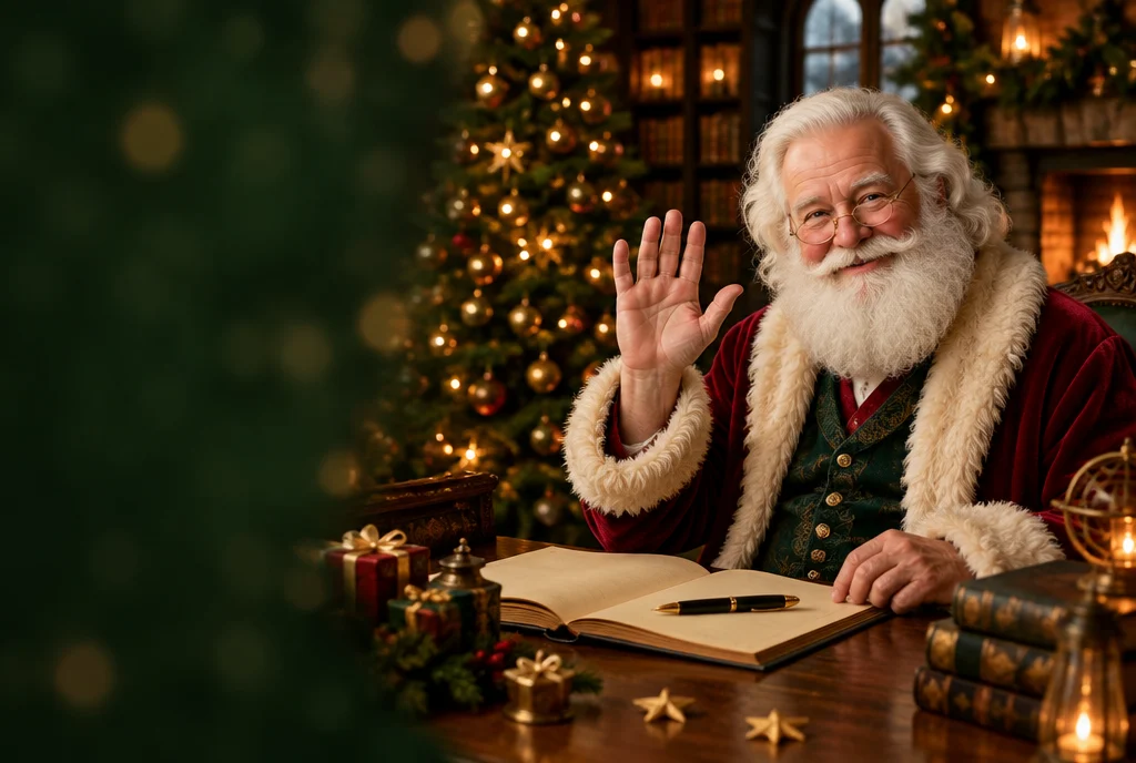 Our illustrated Santa welcomes families to his cozy North Pole library