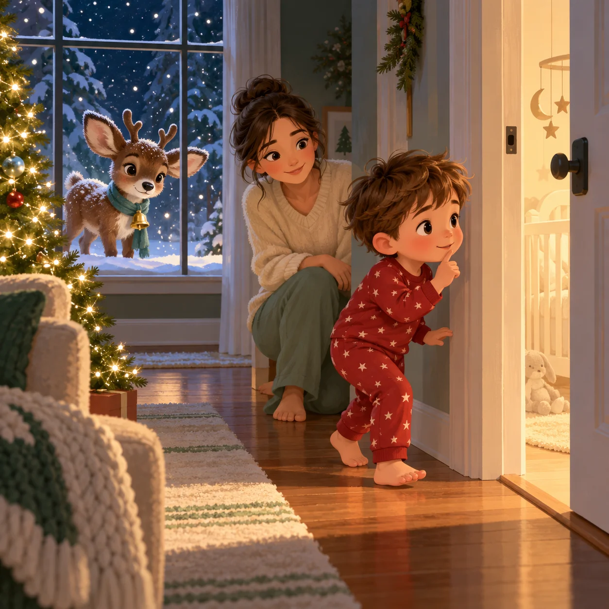 Luka tiptoes toward baby Lucy’s room while Mama watches and Bramble waits outside the window.