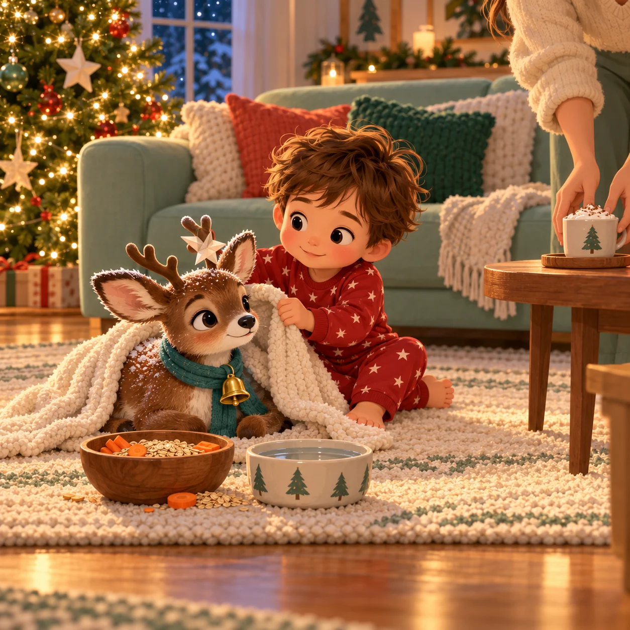 Luka tucks a soft blanket around Bramble beside the Christmas tree.