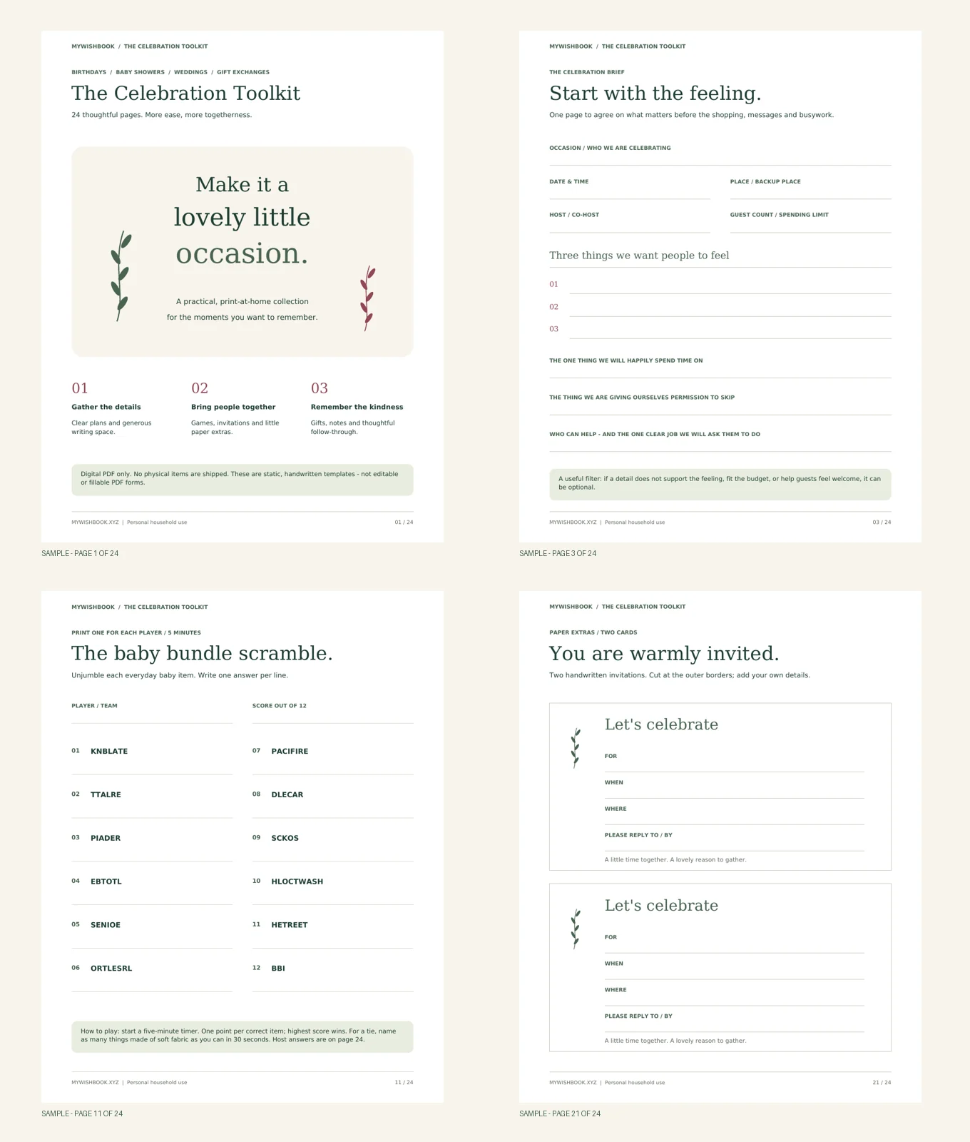 Sample toolkit pages: the cover, a birthday plan, a celebration game and handwritten invitation cards