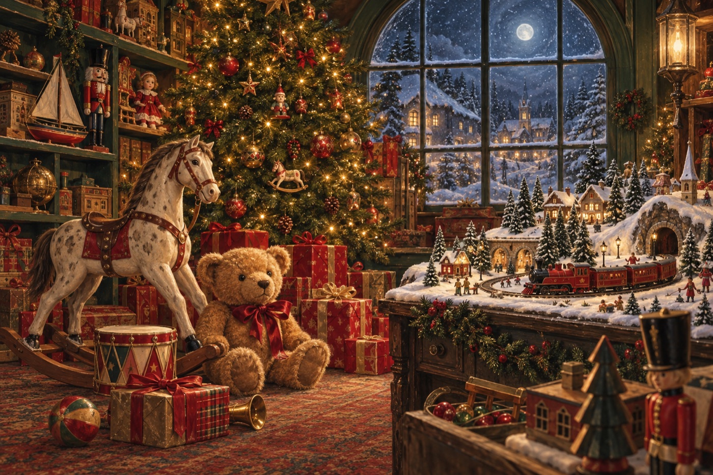 A vintage toyshop glowing with Christmas lights, a teddy bear, a rocking horse and a snowy miniature village